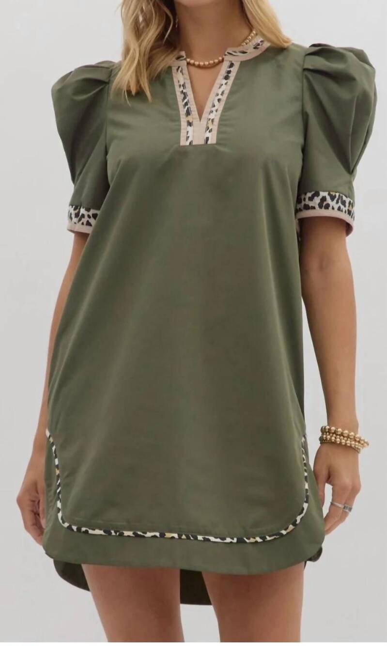 NEW ENTRO mini puff sleeve dress - plus in army green